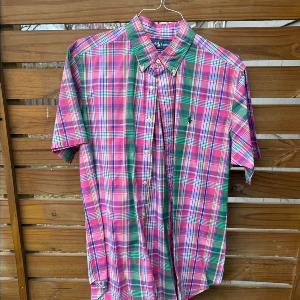 Polo Ralph Lauren Men's Pink and Green Plaid Button Up Shirt Short Sleeve